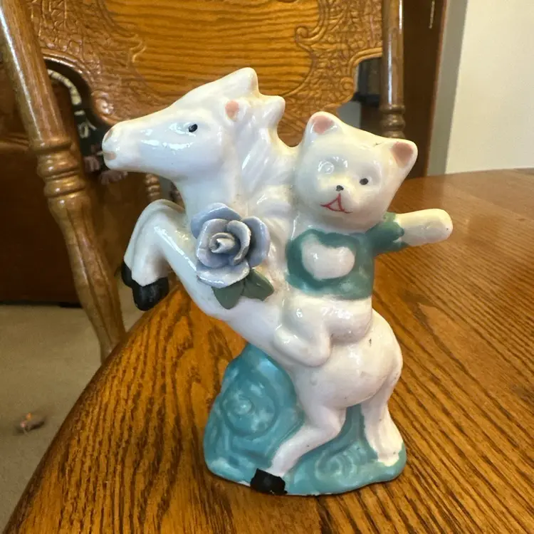 Vintage Horse & Kitty Cat Figurine Statue 5” Tall Porcelain Collectible