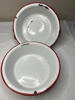 Two Red Rim White Enamel Bowls 7” Kitchen Decor