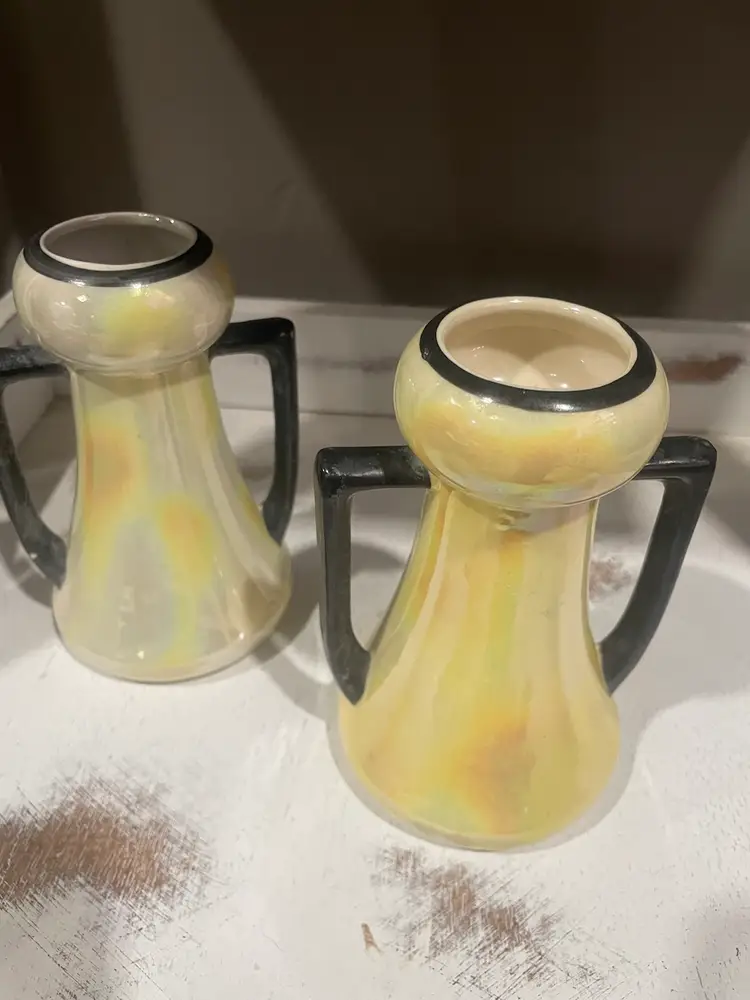 VTG 1940’s Pair of Czech Yellow Lustreware 5.5” Vanity Vases w/ Black #188