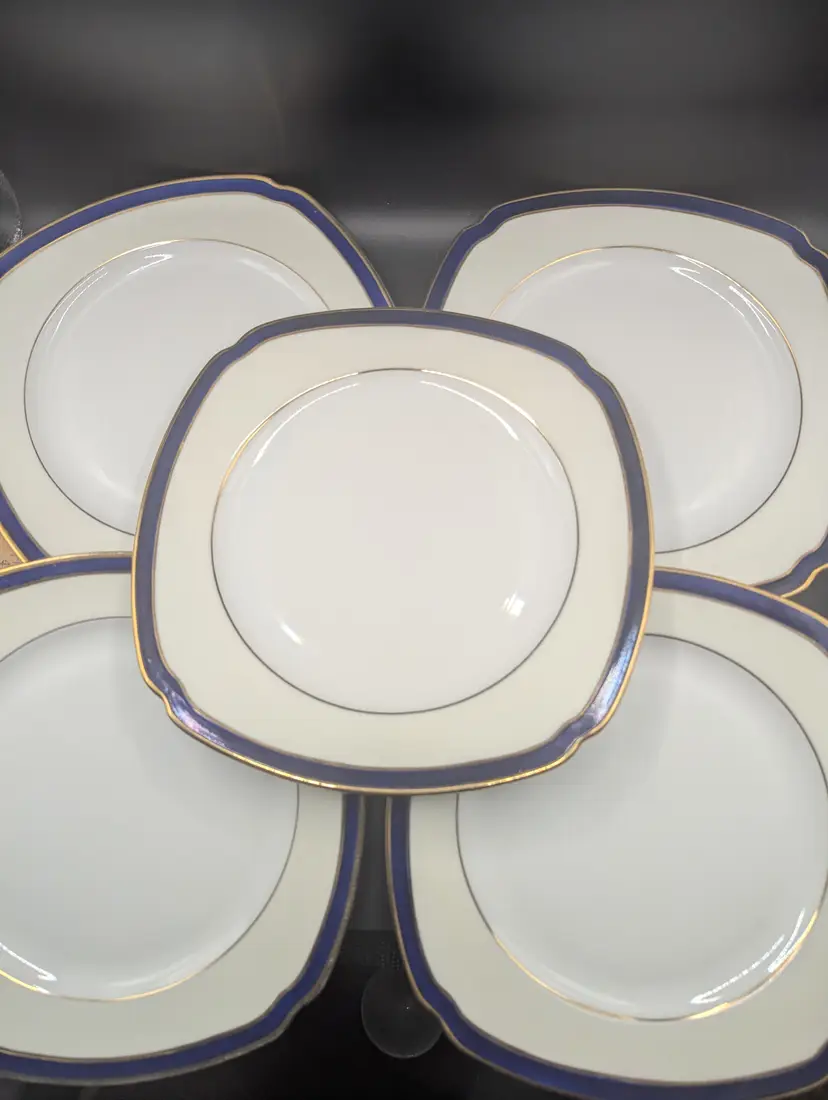 Vintage Set of 5 Epiag Czechoslovakia China Luncheon Plates Cobalt and Gold Trim