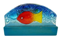 Fused Glass Wood Napkin Holder Blue Bubble Fish Red Yellow Millefiori 5.5”