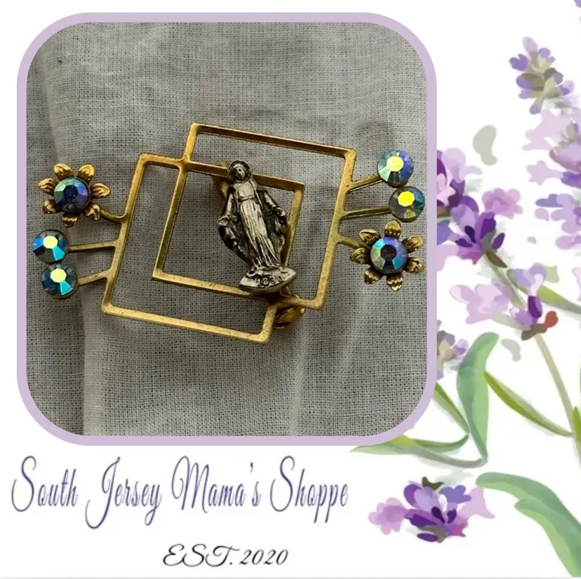 Vintage Gold Tone Brooch Virgin Mary Sky Blue Aurora Borealis Rhinestone Accents