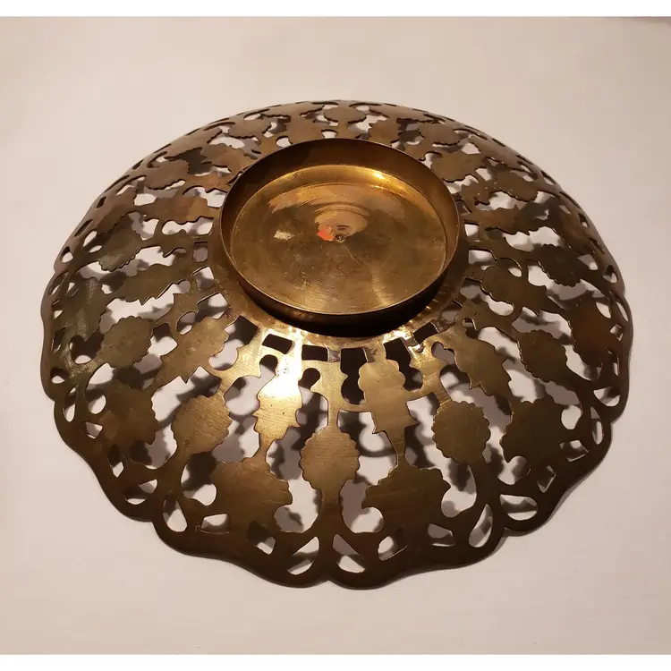 Vintage Painted Reticulated Brass Console Bowl Earth Tones