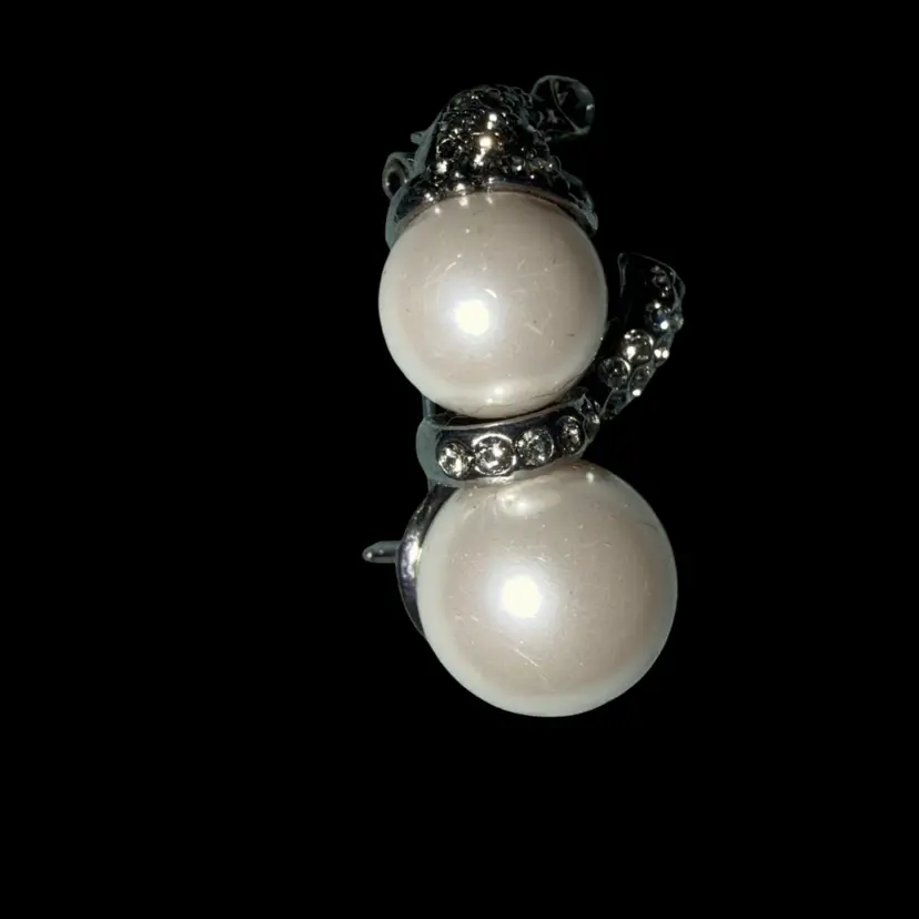 Pearl And Rhinestone Silver toned Snowman Brooch