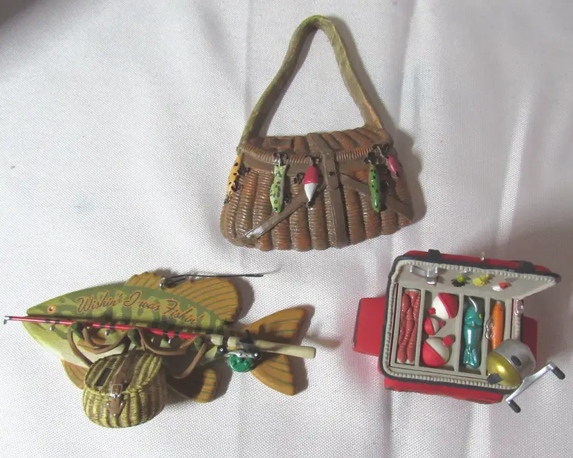 3 Fishing Themed Christmas Ornaments - Creel/Tacklebox/Fish