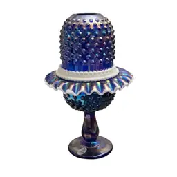 Fenton 3-piece Cobalt Iridized Snowcrest  Hobnail Stemmed Fairy Light 9 1/2” X 6”