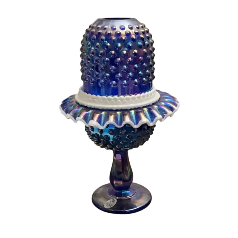 Fenton 3-piece Cobalt Iridized Snowcrest  Hobnail Stemmed Fairy Light 9 1/2” X 6”
