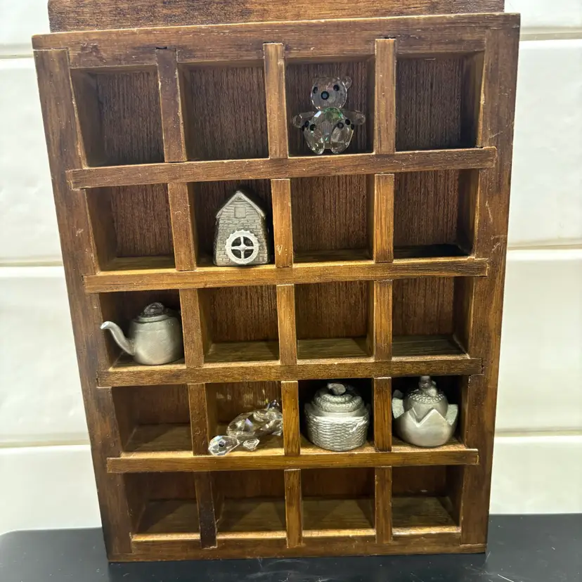 Vintage Wood Mini Curio Shelf 20 Cubby 1 Inch Trinket Display Wall Hanging