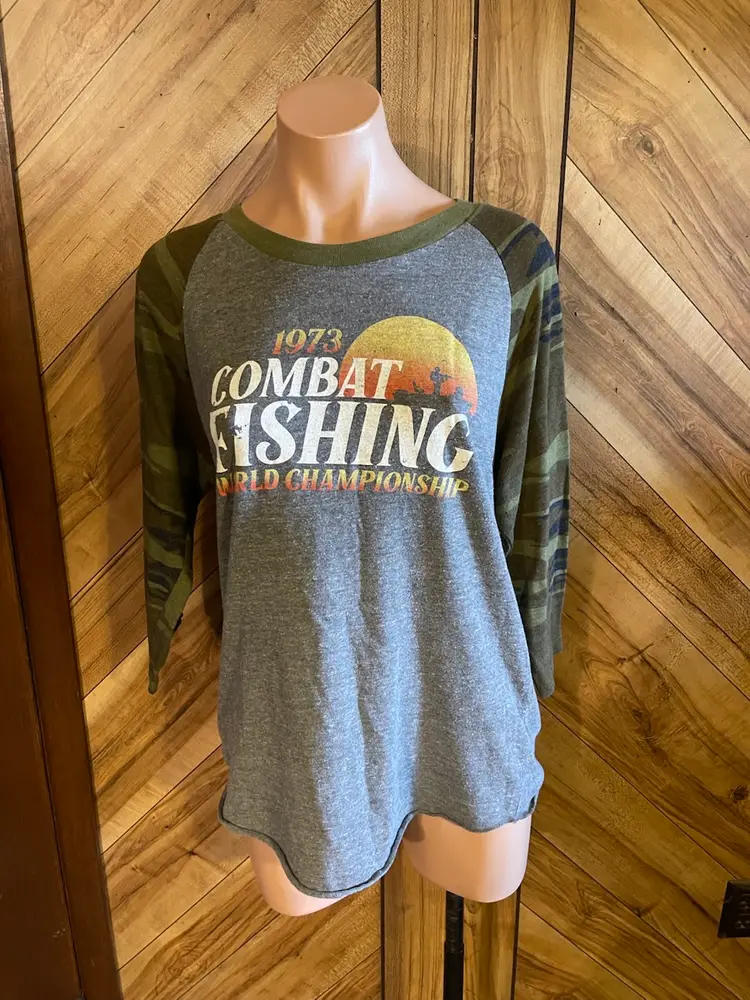Black Rifle Company Women’s Large Gray And Camo Raglan Combat Fishing Shirt