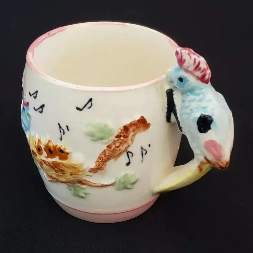 Bird Handled Cup Ceramic with Baby Birds In Nest Made in Japan Kitsch 3½" Tall
