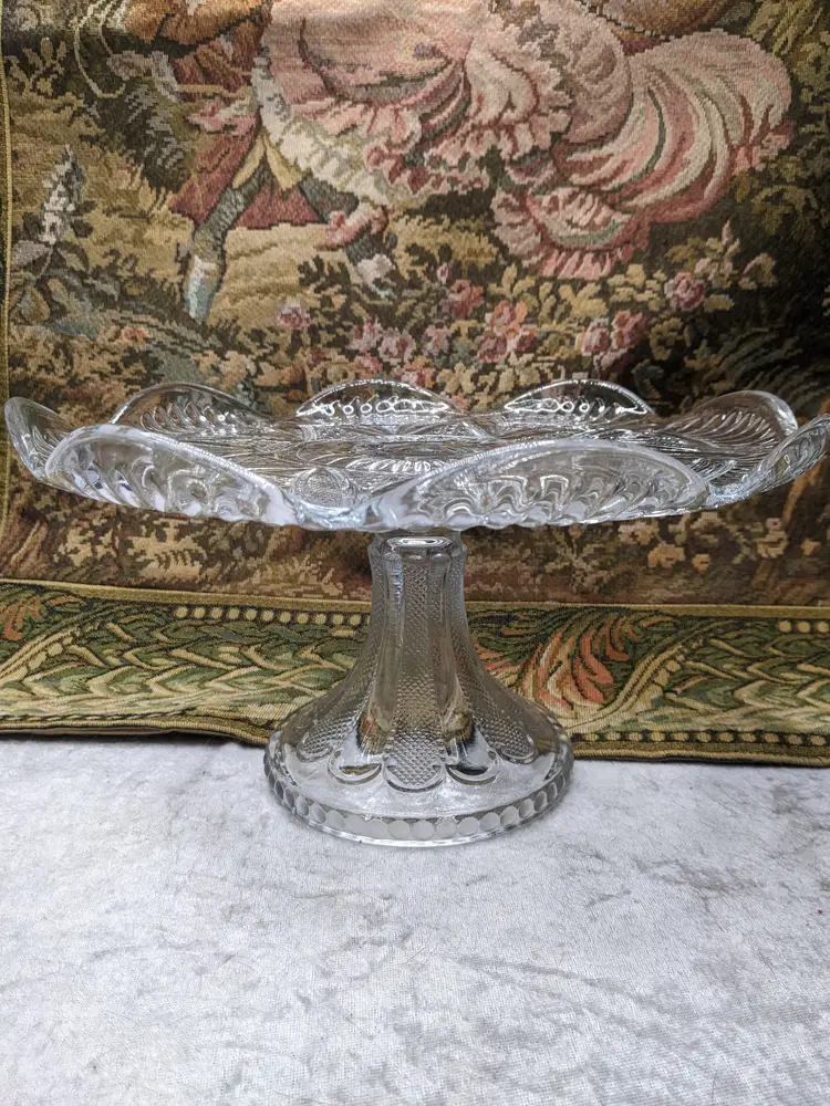 Early American Pressed Glass Pedestal Cake dish Plate Star beaded EAPG Glass Clear Heavy Flower Diamond pattern Gift Elegant Holiday