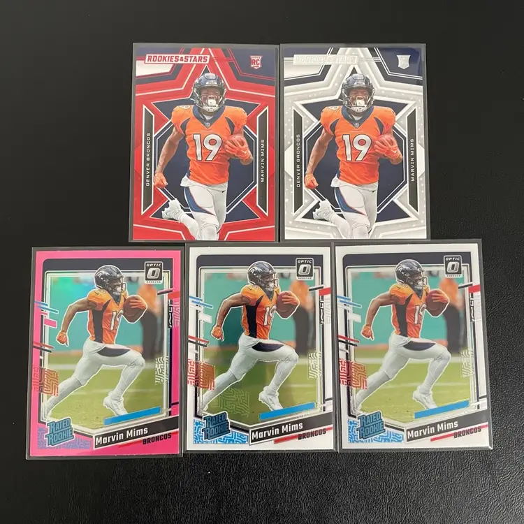 Marvin Mims 5-card RC Lot w/ Optic Pink Rated Rookie - Denver Broncos