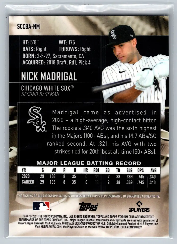 Nick Madrigal 2021 Topps Stadium Chrome AUTO Rookie Refractor White Sox SCCBA-NM
