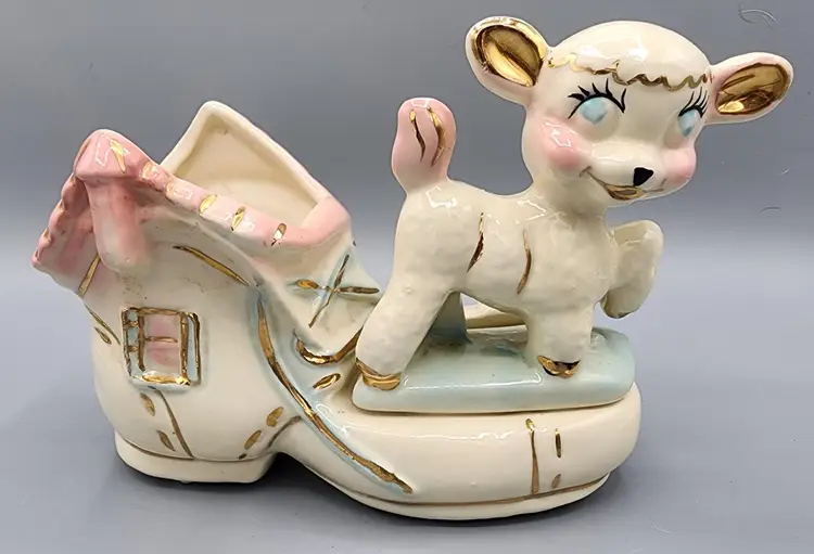 1950s Kitsch Pink & Blue Gold Trim Lamb on Shoe Porcelain Baby's Room Planter RARE
