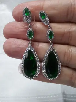 Stainless Steel Silver Tone post earring green and clear glass drops 2"