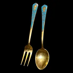 Vintage Brass & Enamel Mini Spoon /Fork Blue Demitasse