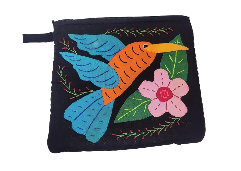 Handmade Embroidered Quilted Hummingbird Molita Zip Purse Vintage Finger Loop