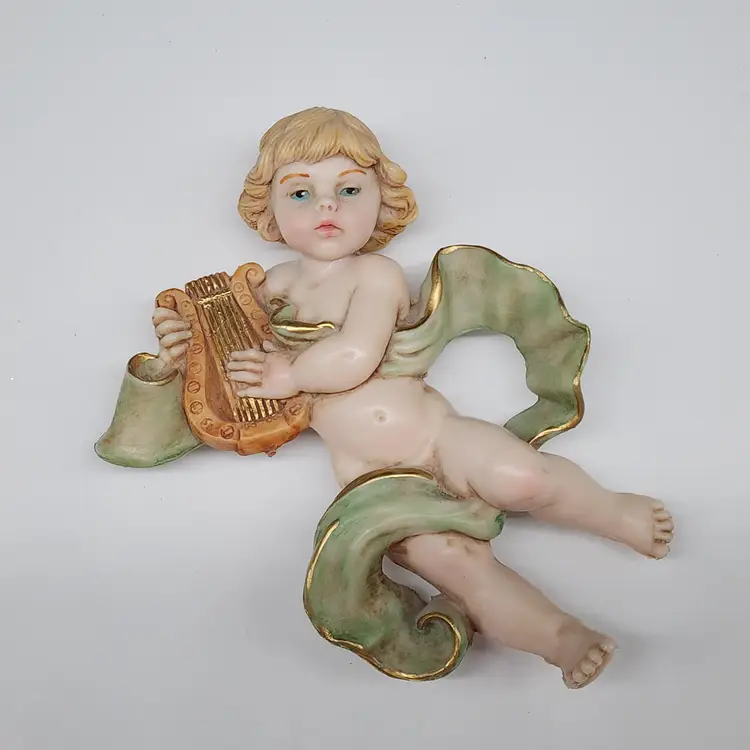 Vintage Italy Belli Angel Playing Harp Figurine 6" Colorful Pastel Blue Eyes 1998