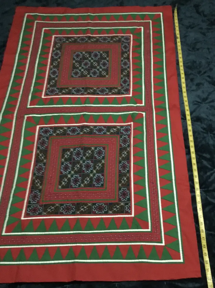 Hmong geometric textile wall art,  red green white black Christmas 52" x 31"