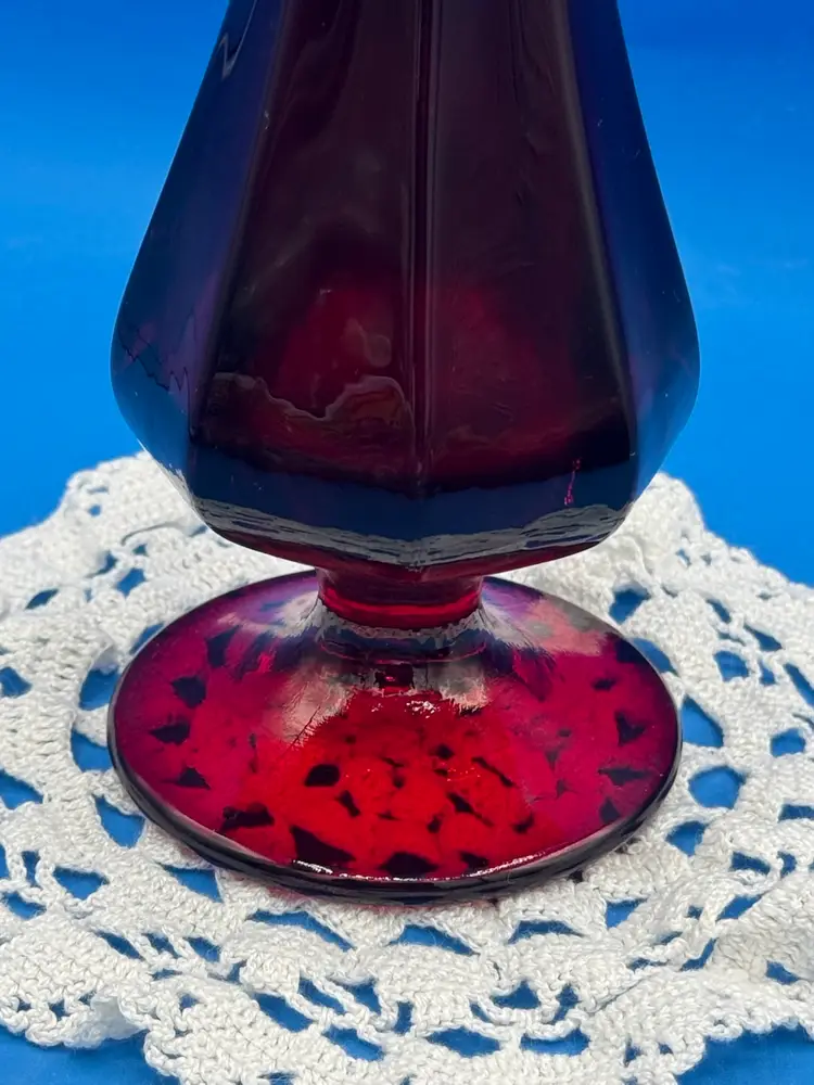 Fenton 11 1/2” Ruby Red Swung Vase W/ Paneled Sides And Pedestal Base VTG 1970’s