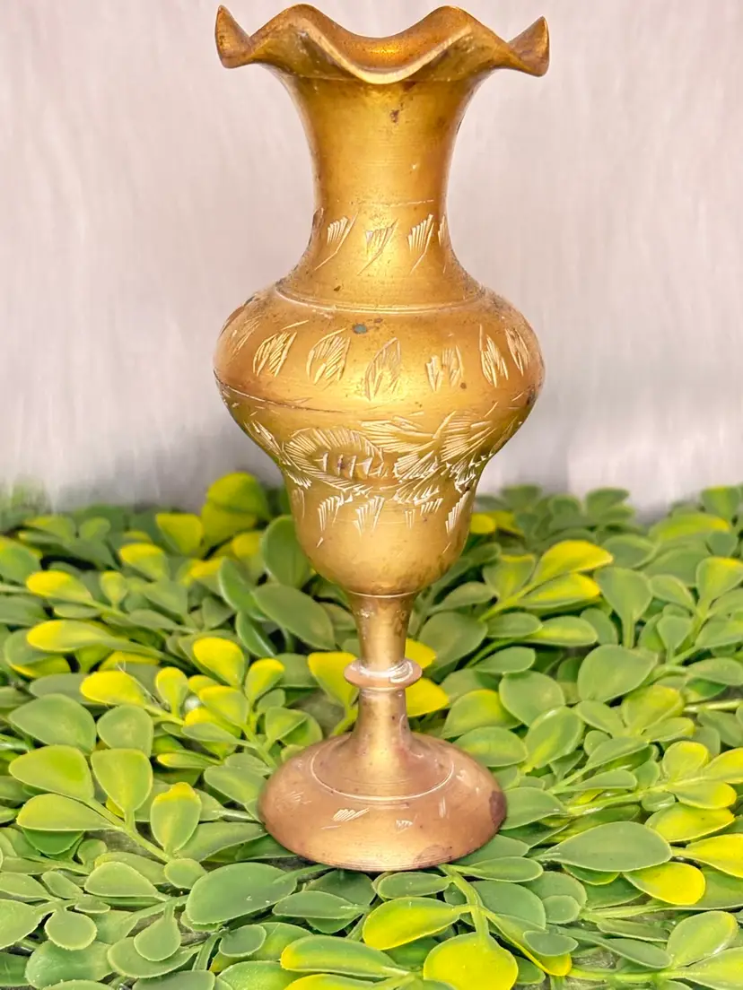 Vintage Etched Brass Vase with Fluted Rim