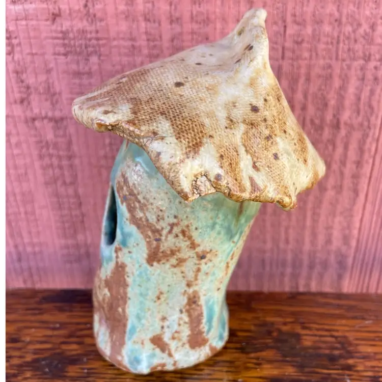 Handmade Pottery Birdhouse (decor). Hole For Hanging. Artist Signed Riskey. 5.5”h.