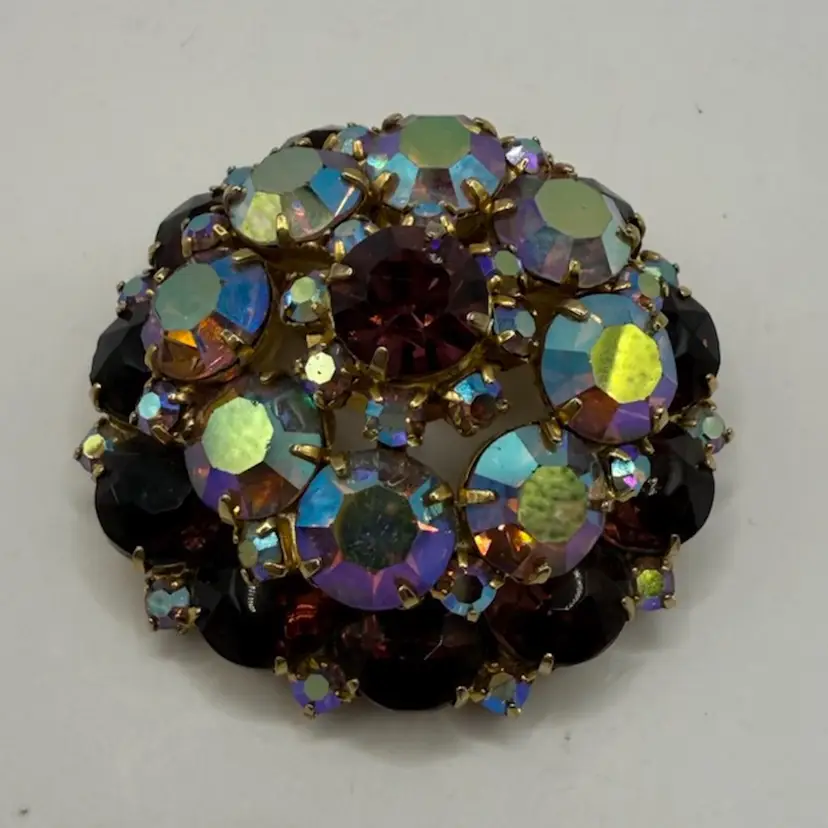 Maroon & Pink Purple Aurora Borealis Tiered Crystal Brooch 2β