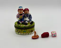 Raggedy Ann & Andy Ceramic Trinket Hinged Box Miniature 3 Toys Boat Bus Block