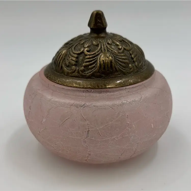 Vintage Vanity Pink thick crackel glass jar with brass lid
