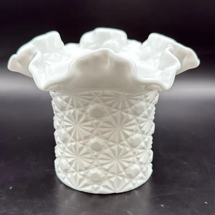 Fenton Milk Glass Daisy And Button Ruffled Top Hat Vase