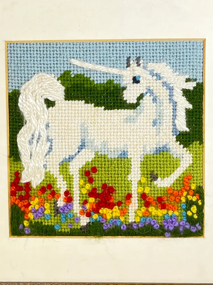 Vintage Framed Unicorn Needlepoint Picture