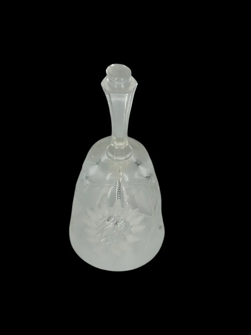 Glass Bell Vintage Frosted Floral Etched Glass Leaves Clear With Silver Colored Chain