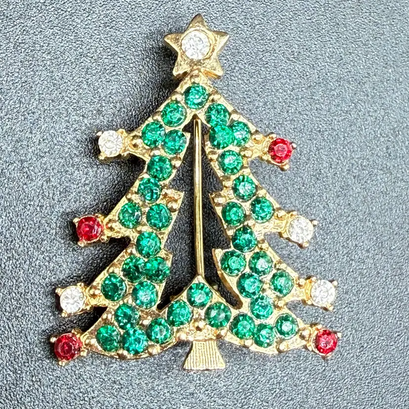 Goldtone Jeweled Christmas Tree Brooch Pin 2”