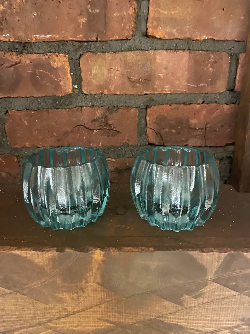 Crate & Barrel Recycled Art Glass Teal Green Ribbed 3" Candle Holders SET OF 2
