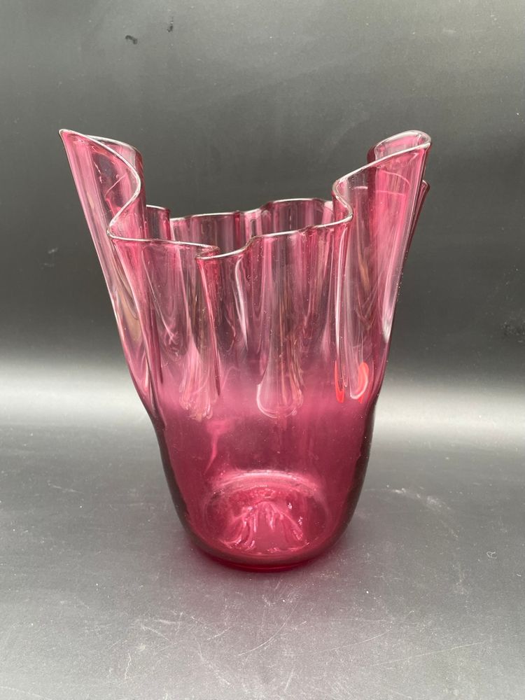 #13 Vintage Large Cranberry Pilgrim Glass Handkerchief Vase