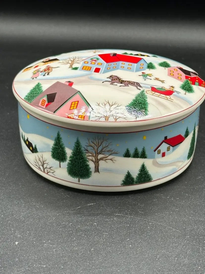 Vintage Mikasa Holiday Village Porcelain Trinket Jewelry Box
