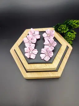 Rare Vintage Ann Vien Celluloid and Rhinestone Pink Three Tiered Flower Clip-on Earrings.