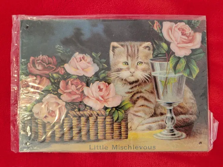 Little Mischievous Cat Kitten Metal Sign With Pink Roses Flowers 8.5 x 6 inches