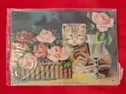Little Mischievous Cat Kitten Metal Sign With Pink Roses Flowers 8.5 x 6 inches