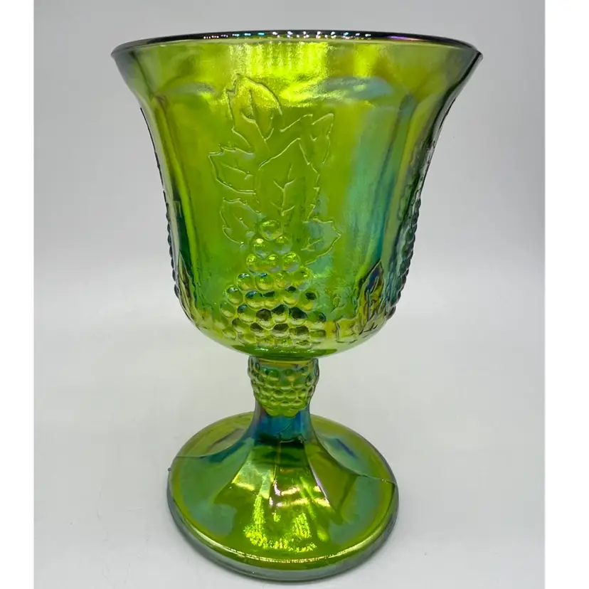 Vintage Indiana Glass Harvest Grape Pattern Green Carnival Glass Pedestal Goblet