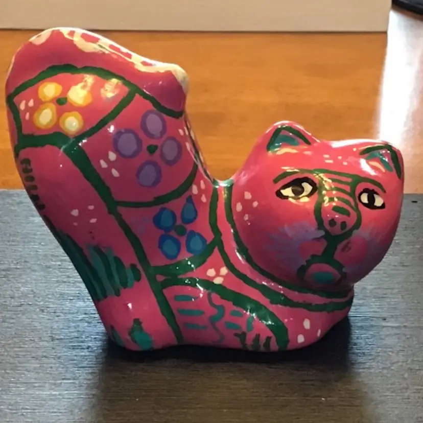 Cute Pink Talavera Red Ware Made In Mexico Cat Figurine 