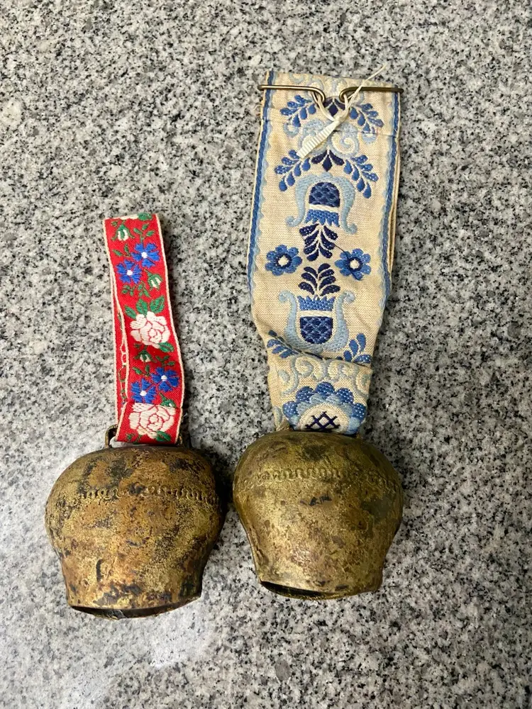 Embroidered Tapestry Cow Bells (2) Vtg Floral Wall Hanging Farmhouse Cottagecore