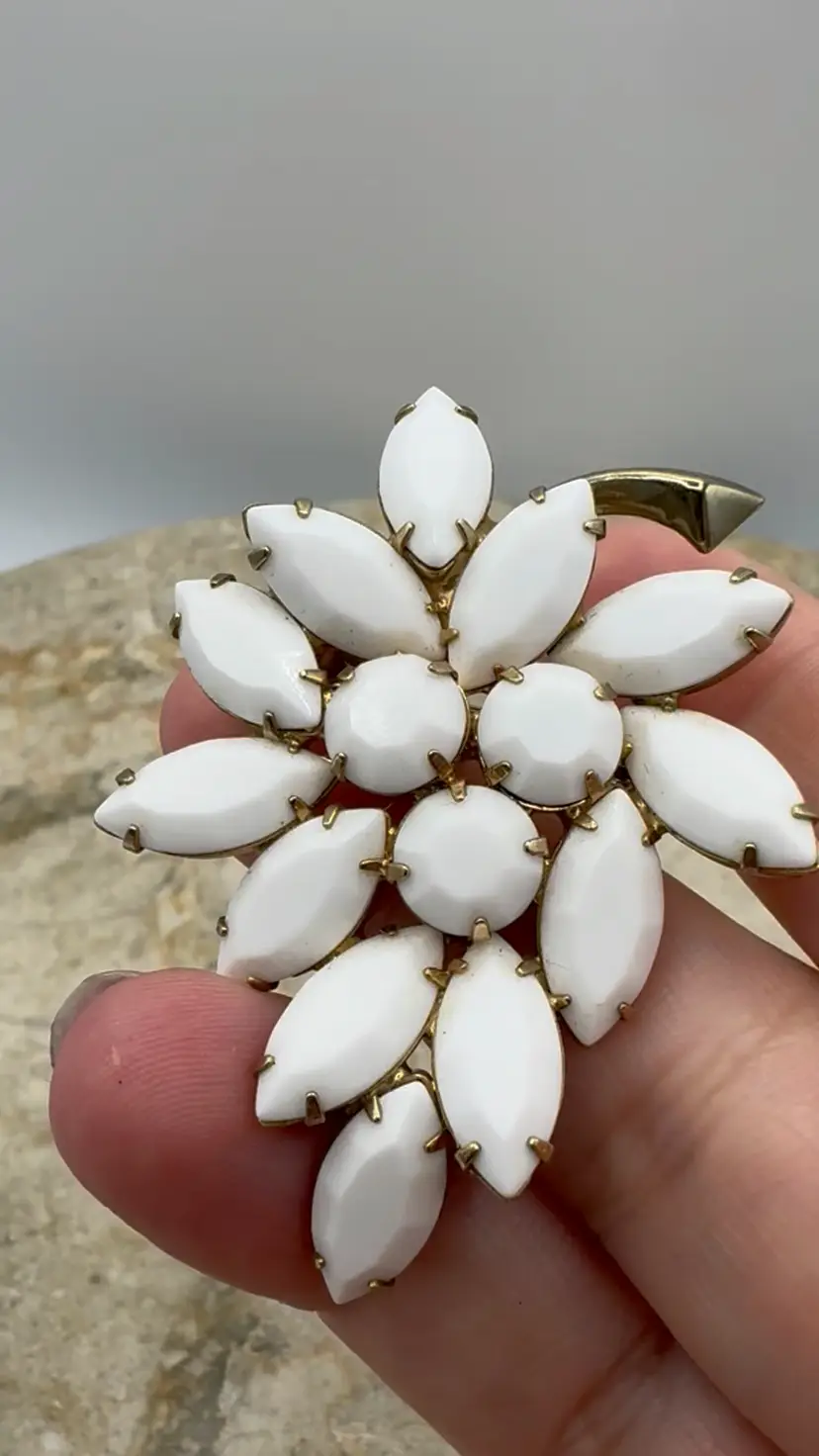 Vintage White Milk Glass Navette Grape Cluster Brooch