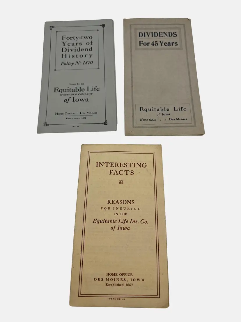 Set Of 3 Antique Equitable Life Insurance Co of Iowa Pamphlets 1910s Ephemera