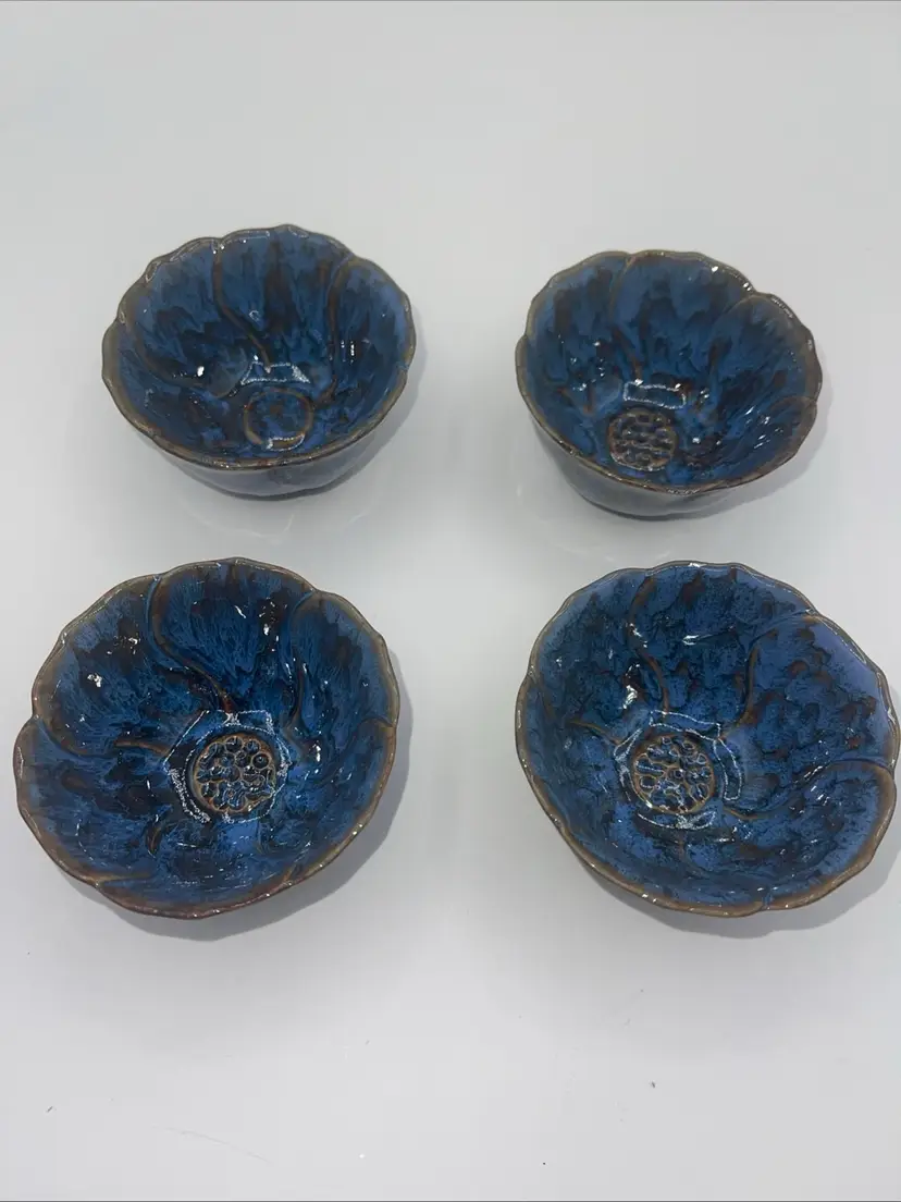 Jian Zhan Tenmoku Cups Set Of 4 Blue Glaze 3”x1.75” Lotus Flower Style