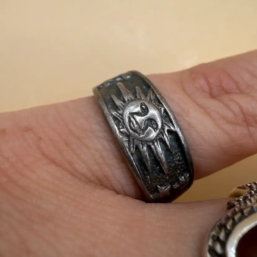 Celestial Sun Face & Stars Sterling Silver Band Ring Artist Marked Size 6