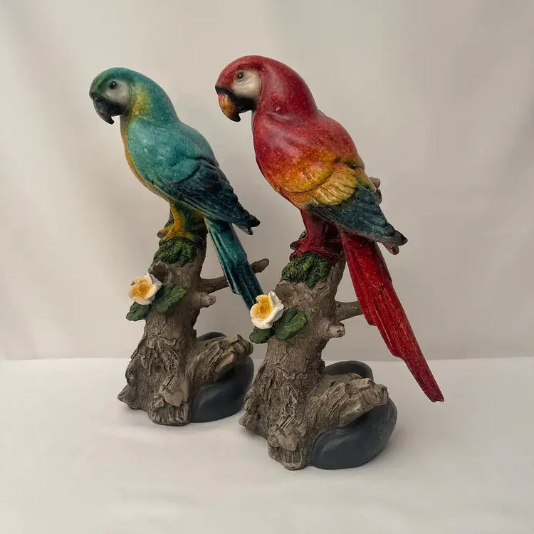 Vintage Pair Of Colorful Parrots Birds On Tree Limbs