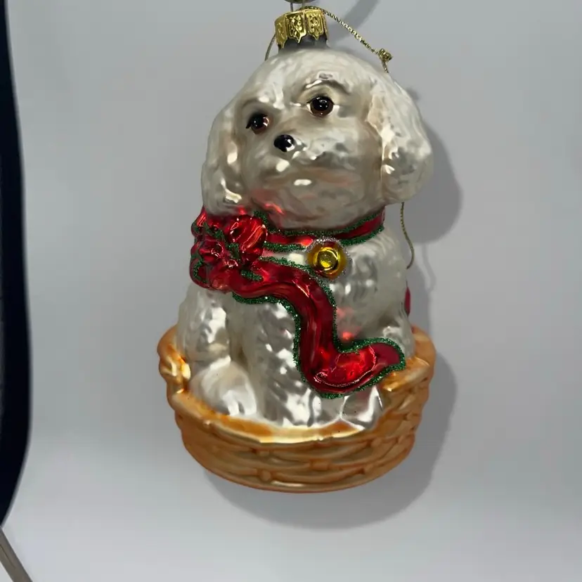 Vintage Blown Glass Poodle Puppy Dog Christmas Ornament Red Ribbon Basket