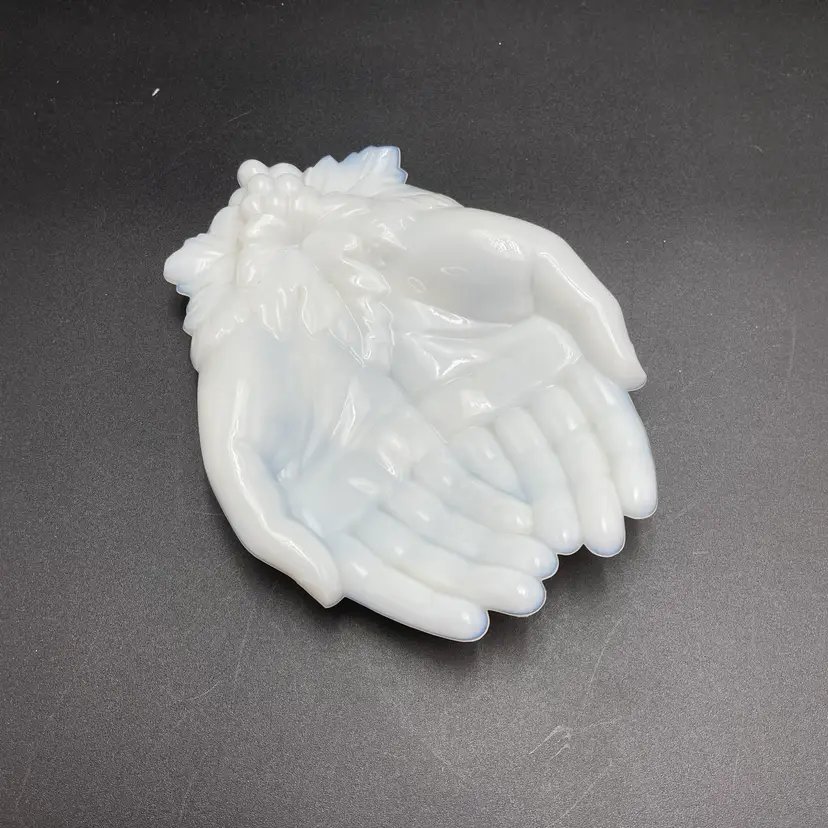 White Milk Glass Open Giving Hands Grapes Trinket Candy Dish