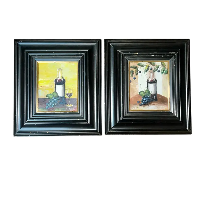 Pair of Vintage Midcentury Oil Paintings by C. Ross – Wine & Grapes Still Life – Framed Wall Art – 18x20” Each